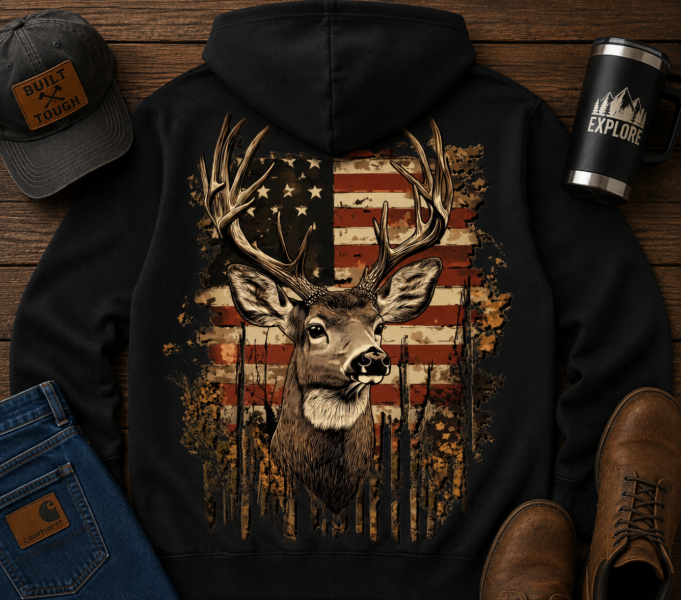 Hunting Deer and Flag | Adult Graphic Shirt, Sweatshirt & Hoodie