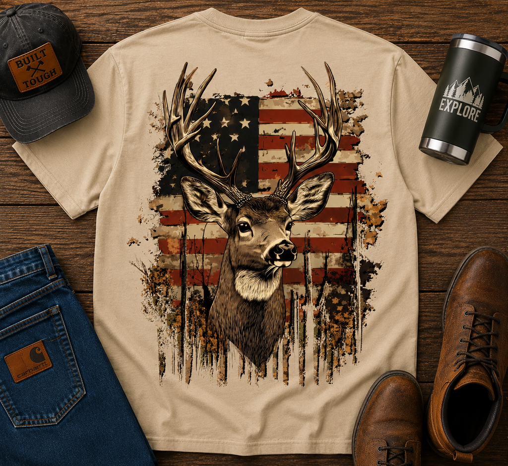 Hunting Deer and Flag | Adult Graphic Shirt, Sweatshirt & Hoodie