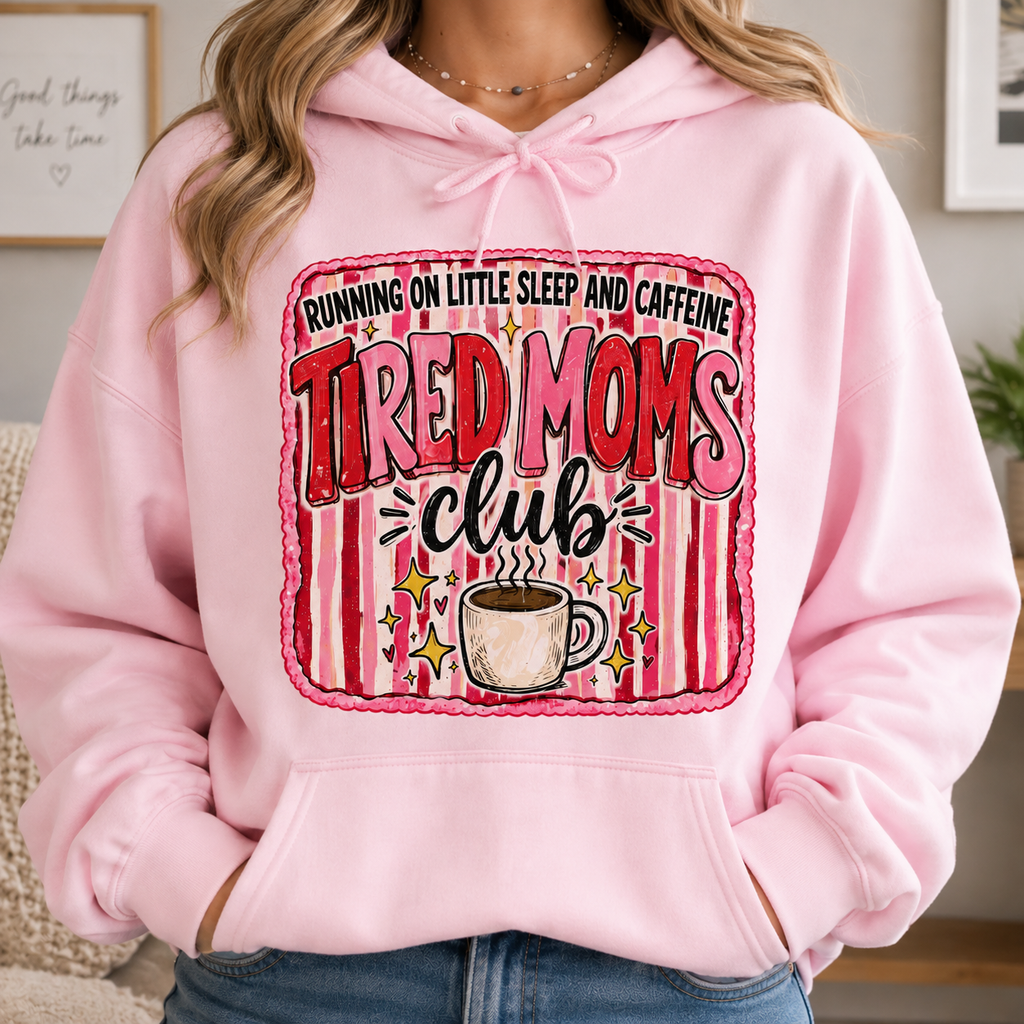 Running On Little Sleep And Caffeine Tired Moms Club | Adult Graphic Shirt, Sweatshirt & Hoodie