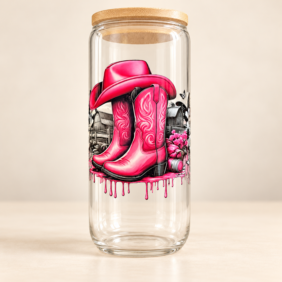 Pink cowgirl boots glass 16oz cup