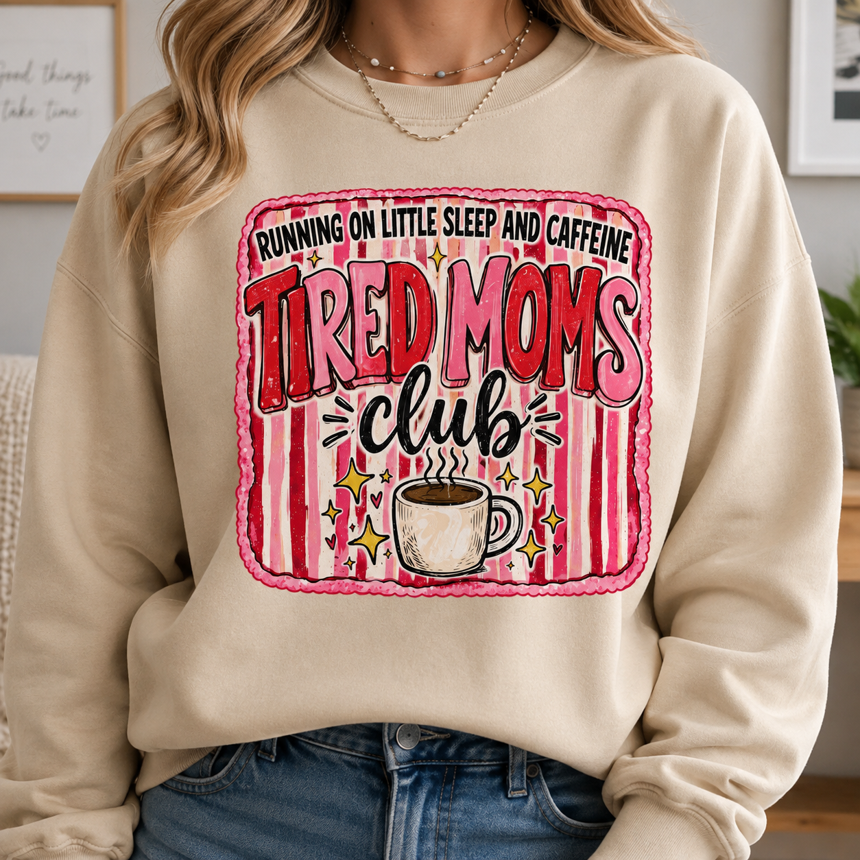 Running On Little Sleep And Caffeine Tired Moms Club | Adult Graphic Shirt, Sweatshirt & Hoodie