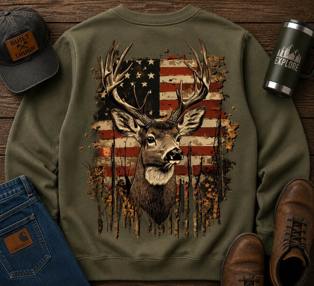 Hunting Deer and Flag | Adult Graphic Shirt, Sweatshirt & Hoodie