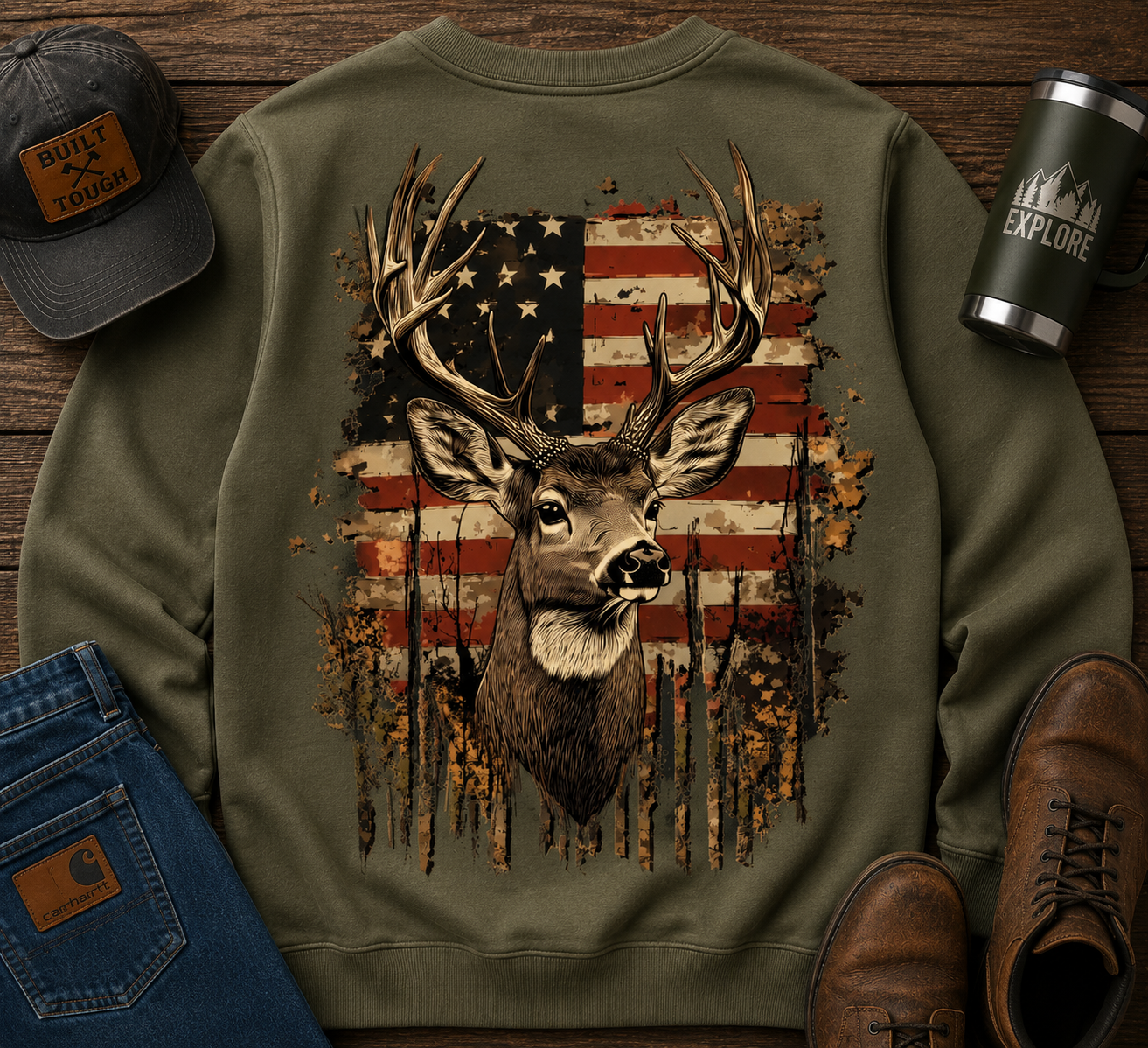 Hunting Deer and Flag | Adult Graphic Shirt, Sweatshirt & Hoodie